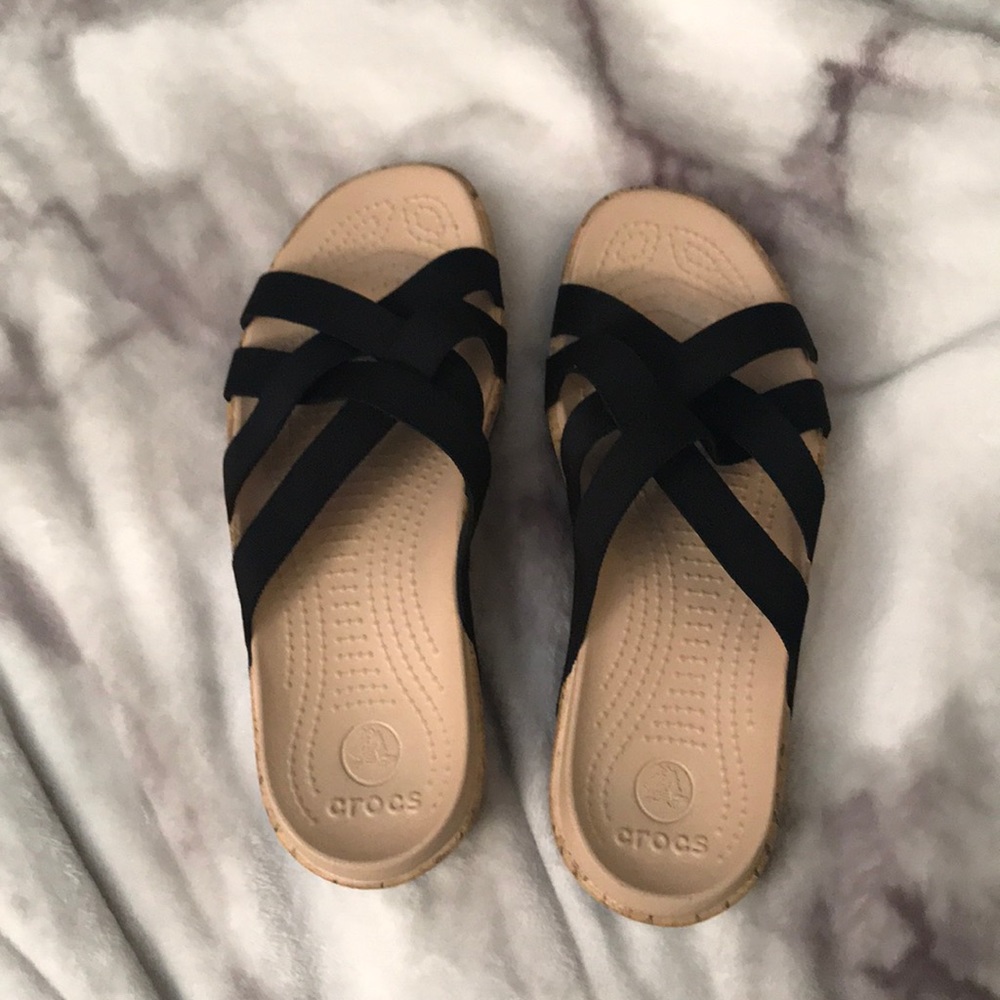 Crocs Edie, Black Elastic Strap, sz 8w, Faux Cork